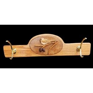 NEW Handmade Solid Oak Wood Coat Rack Decorative Intarsia Bird Two Brass Hooks